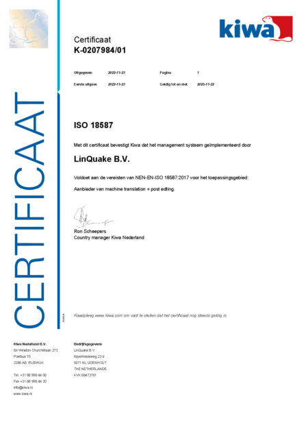 ISO 18587-certificaat | Vertaalbureau LinQuake